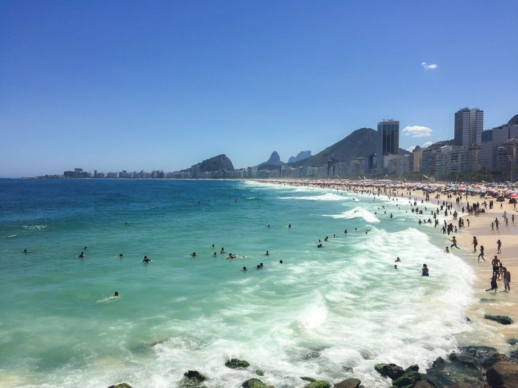Vista panorâmica da orla de Copacabana com Pão de Açúcar ao fundo